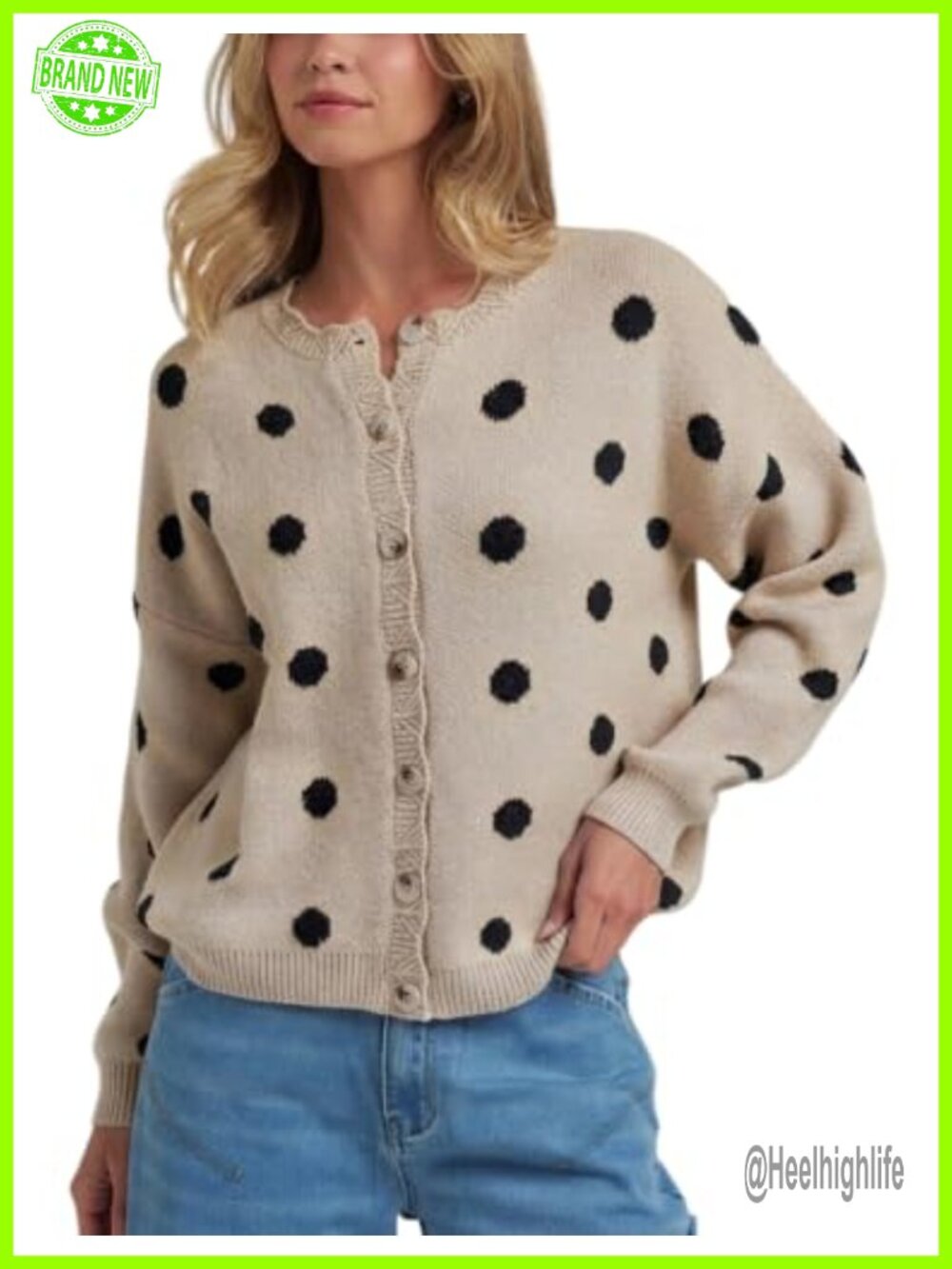 Polka Dot Cardigan Sweater Long Sleeve Button Knit Oversized